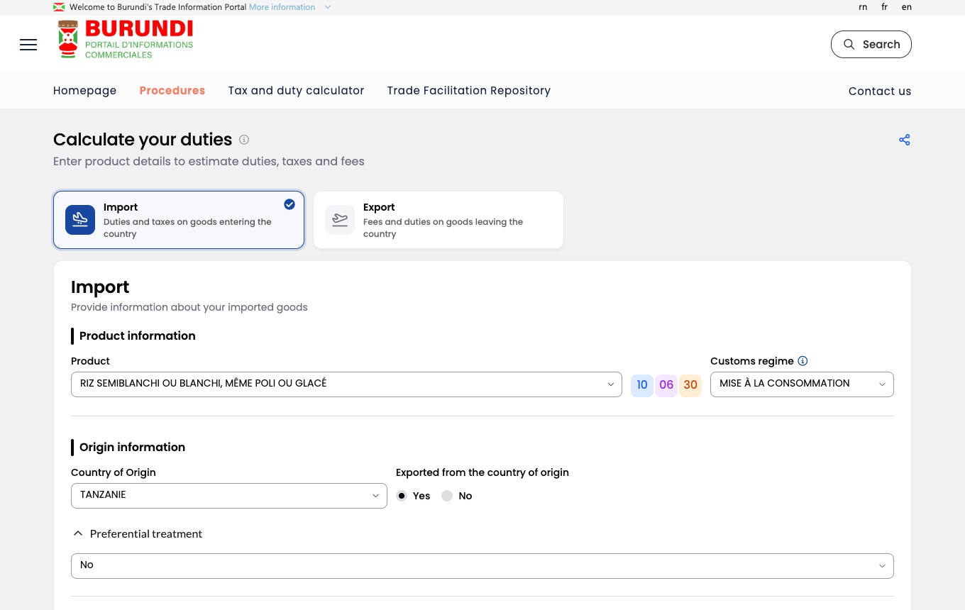 Burundi duty calculator with rice from Tanzania entered