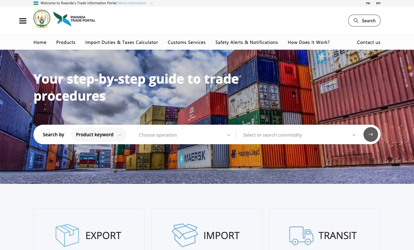 Rwanda Trade Portal home page with search by product and operation