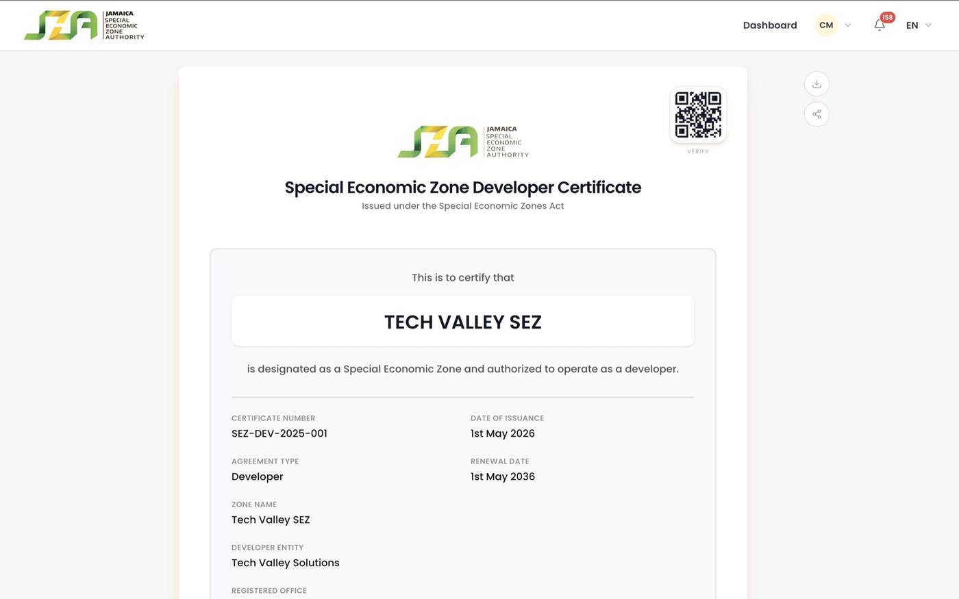 Digital certificate with QR verification